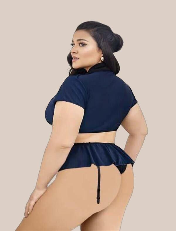 Büyük Beden Lacivert Göğüs Detay Büstiyerli Kravatlı Mini Etekli Fantezi Polis Kostümü