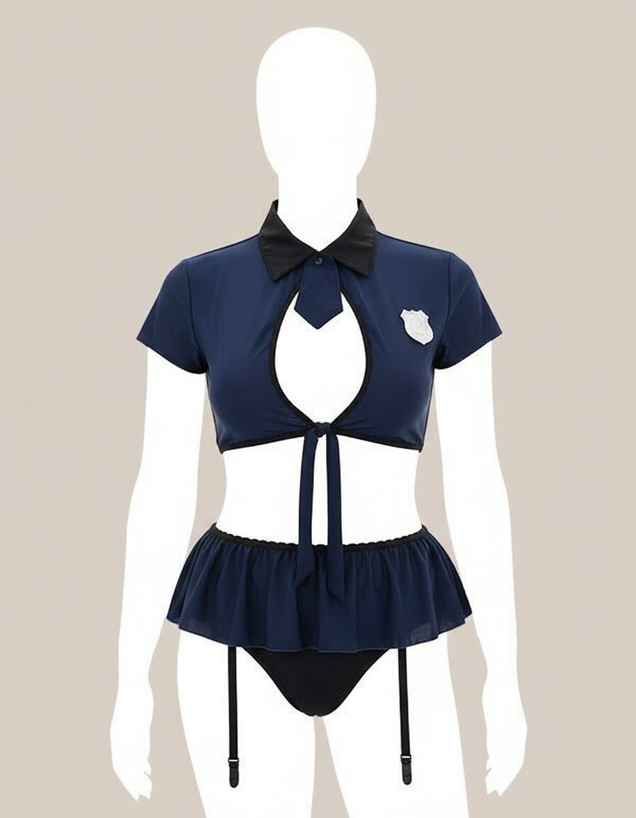 Büyük Beden Lacivert Göğüs Detay Büstiyerli Kravatlı Mini Etekli Fantezi Polis Kostümü