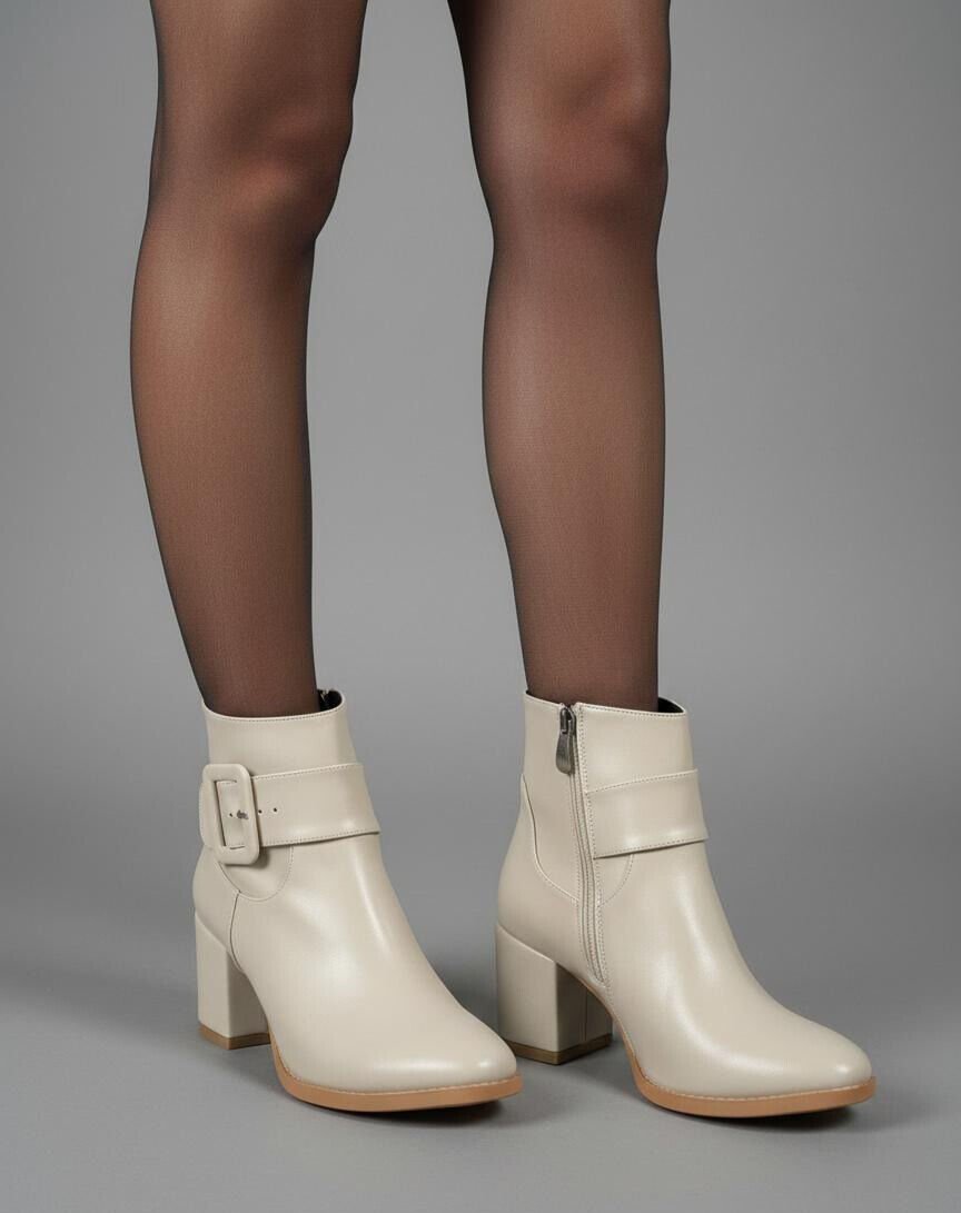 Kadın Sivri Burun Cilt Bot Bej Kare Tokalı Günlük Şık Tasarım