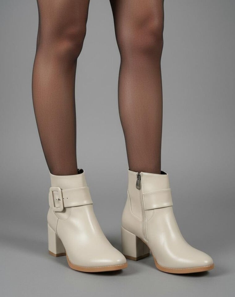 Kadın Sivri Burun Cilt Bot Bej Kare Tokalı Günlük Şık Tasarım