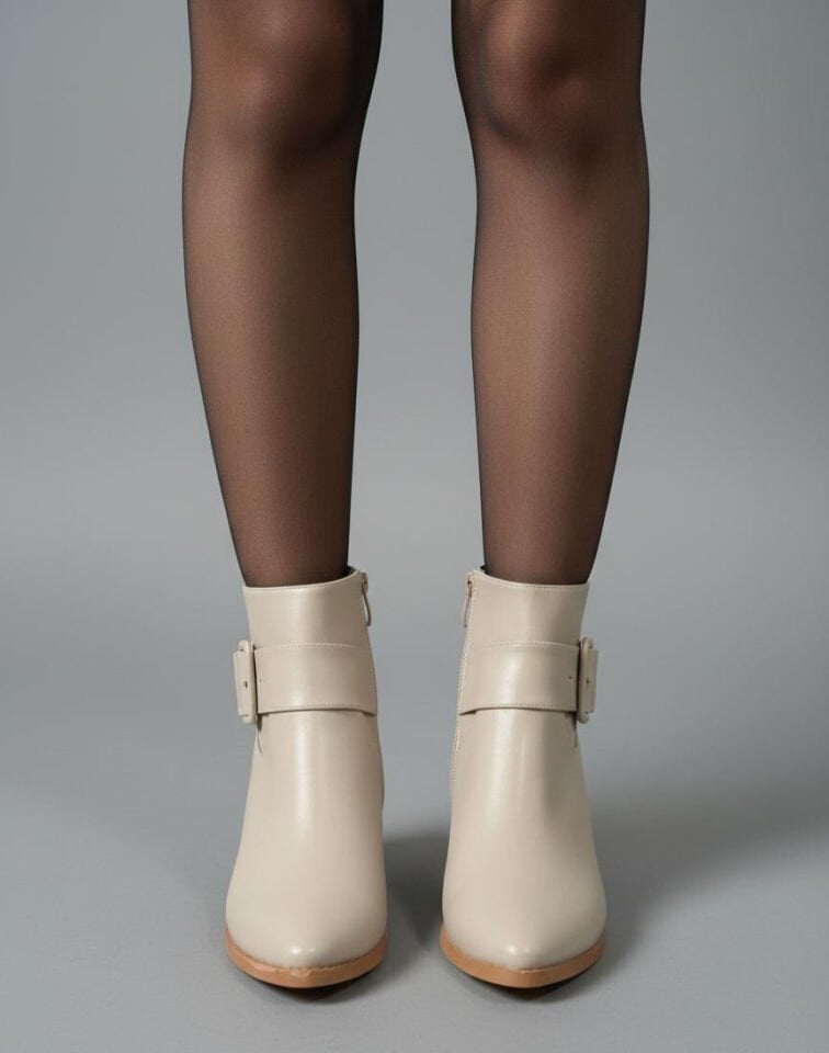 Kadın Sivri Burun Cilt Bot Bej Kare Tokalı Günlük Şık Tasarım