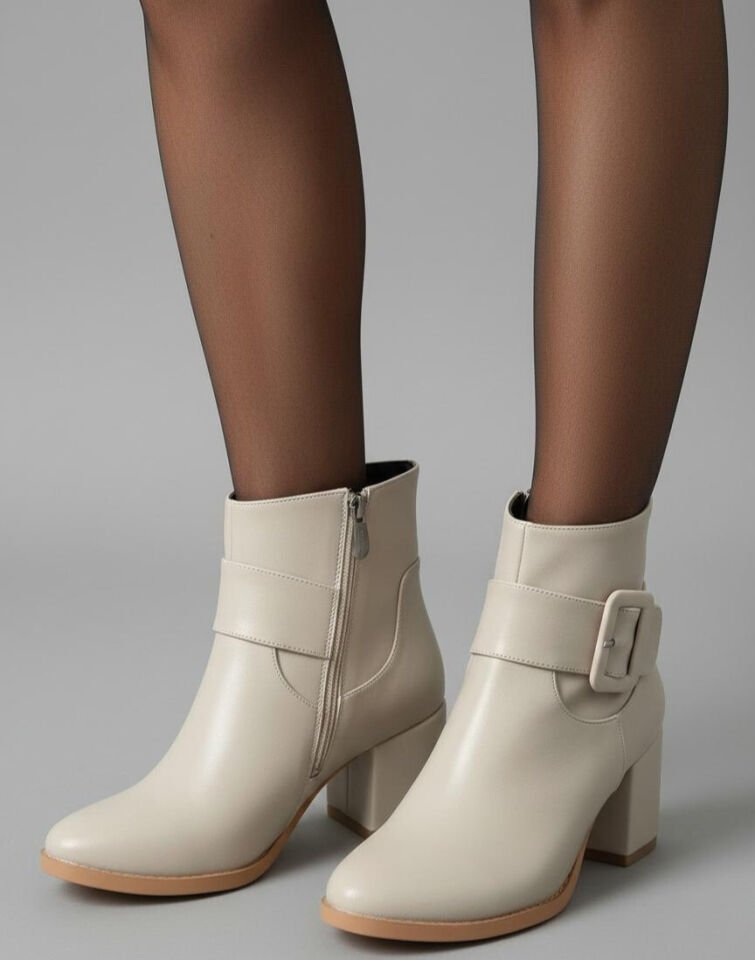 Kadın Sivri Burun Cilt Bot Bej Kare Tokalı Günlük Şık Tasarım