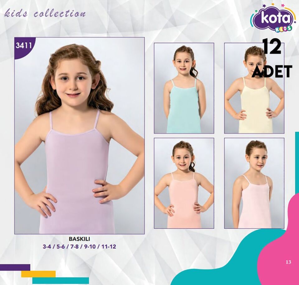 Kota 3411 Düz Renk Kız Çocuk Atlet 12'li