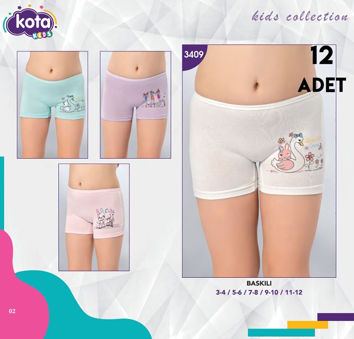 Kota 3409 Parça Baskılı Kız Çocuk Boxer 12'li