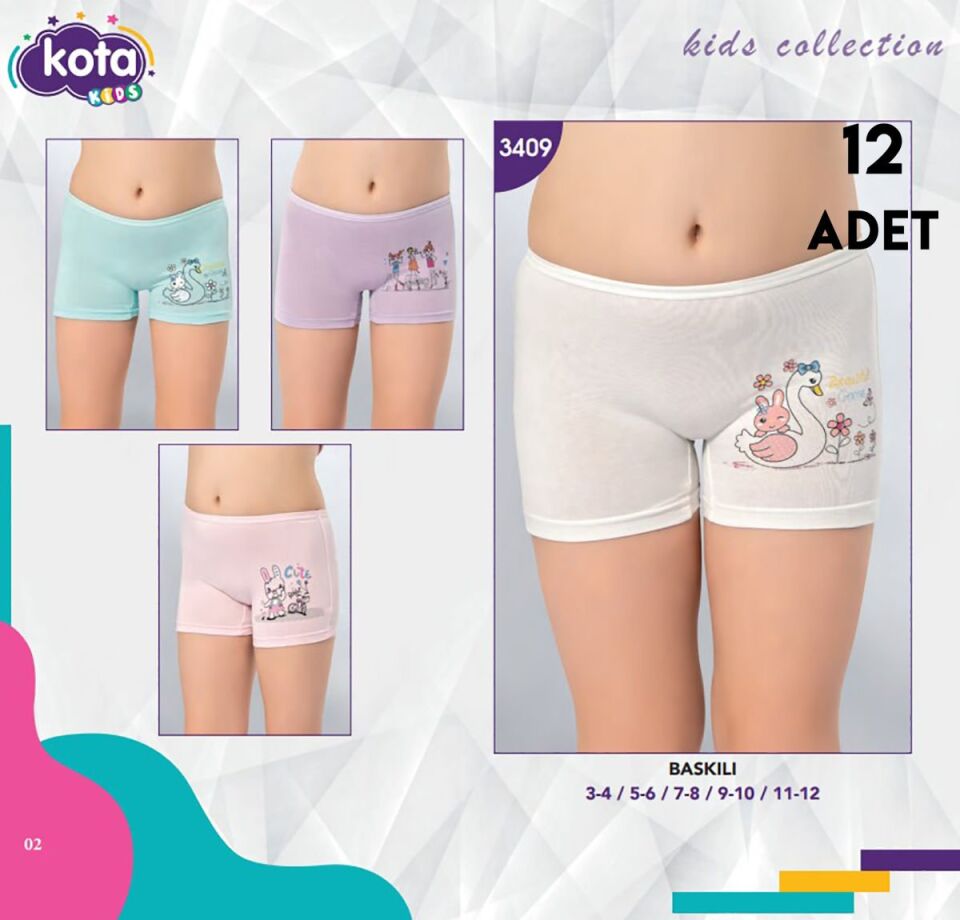 Kota 3409 Parça Baskılı Kız Çocuk Boxer 12'li