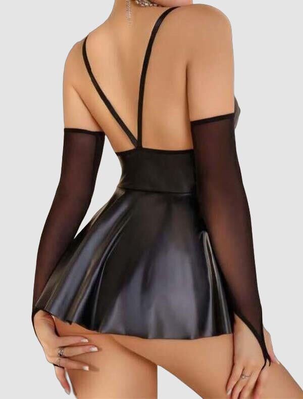 Arias Closet Siyah Etekli Fantezi Deri Elbise