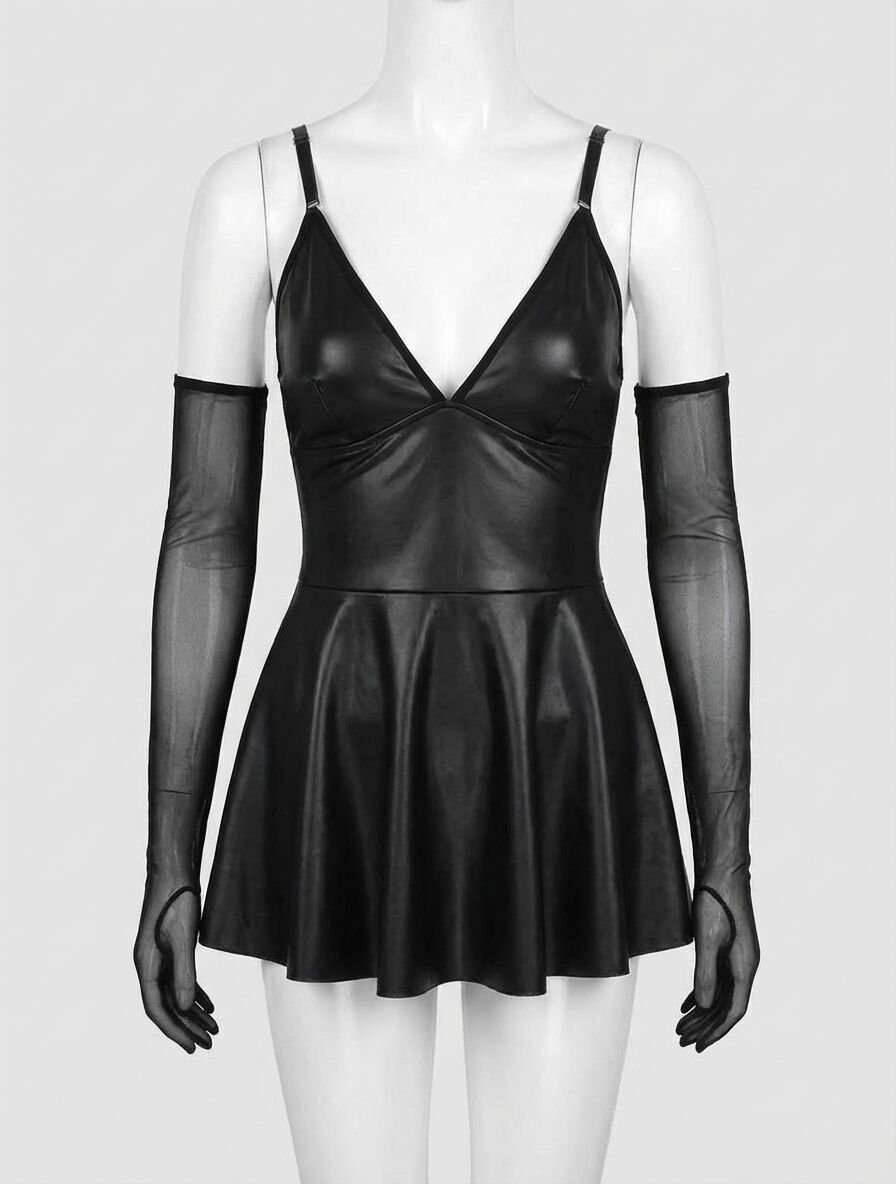 Siyah Etekli Fantezi Deri Elbise