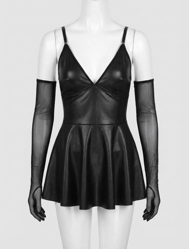 Siyah Etekli Fantezi Deri Elbise