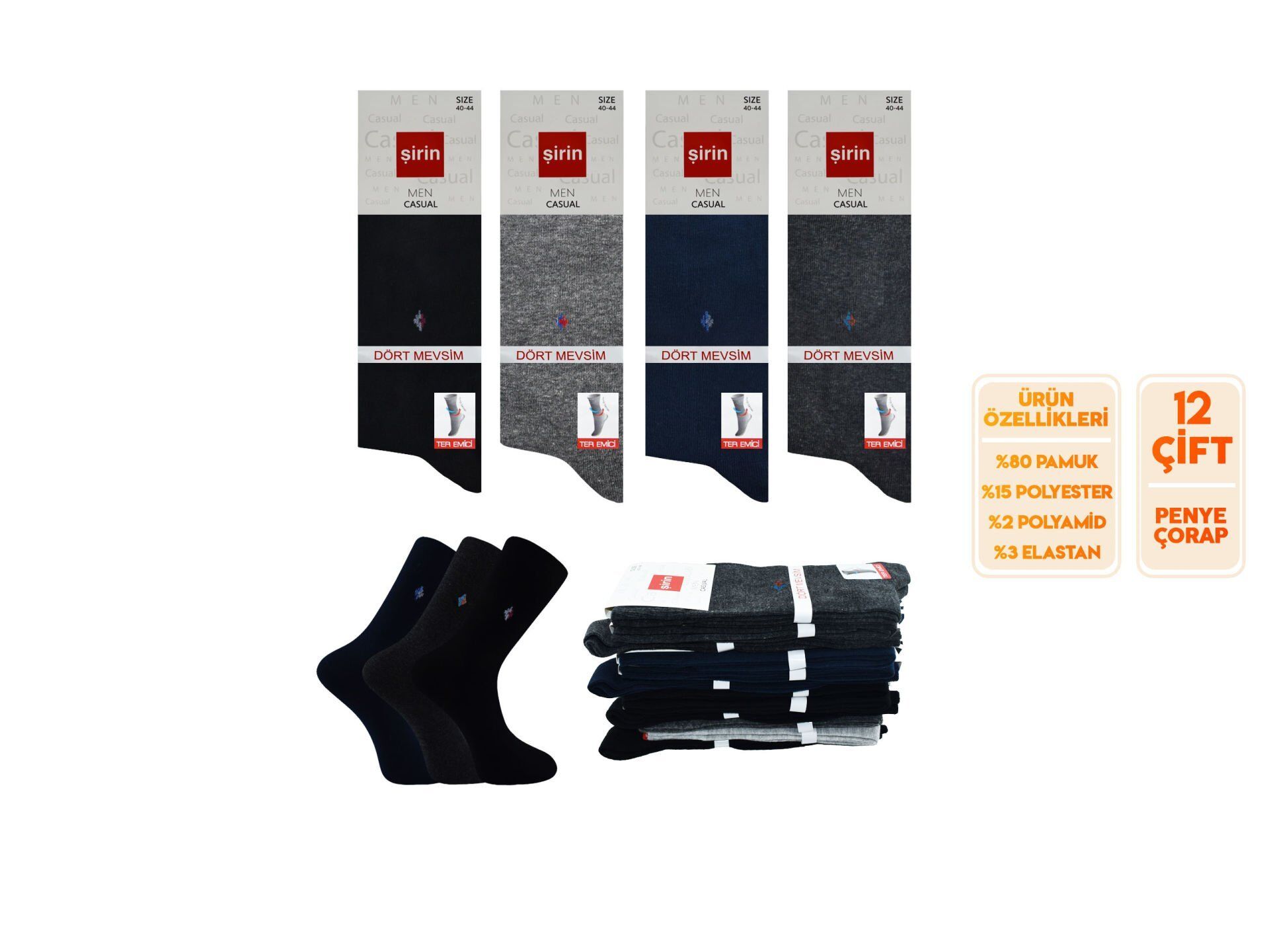 Şirin 7150-17 Dört Mevsim Ter Emici Erkek Penye Soket Çorap 12'li