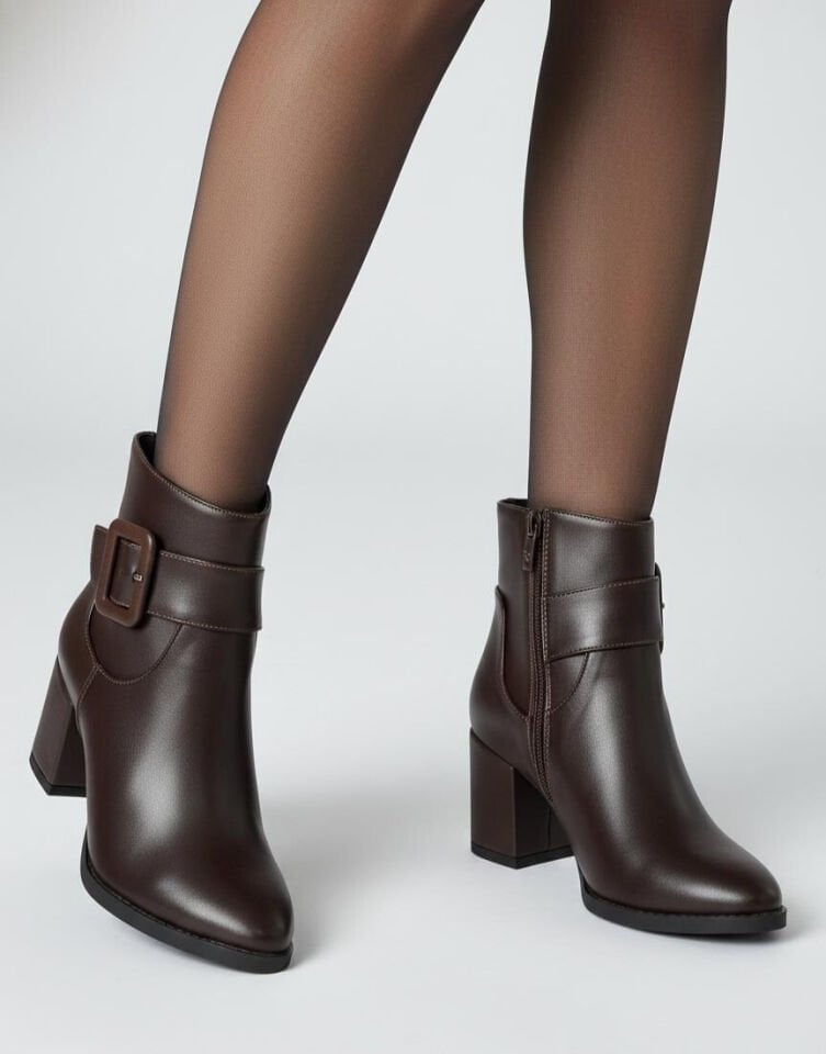 Kadın Sivri Burun Cilt Bot Kahverengi Kare Tokalı Günlük Şık Tasarım