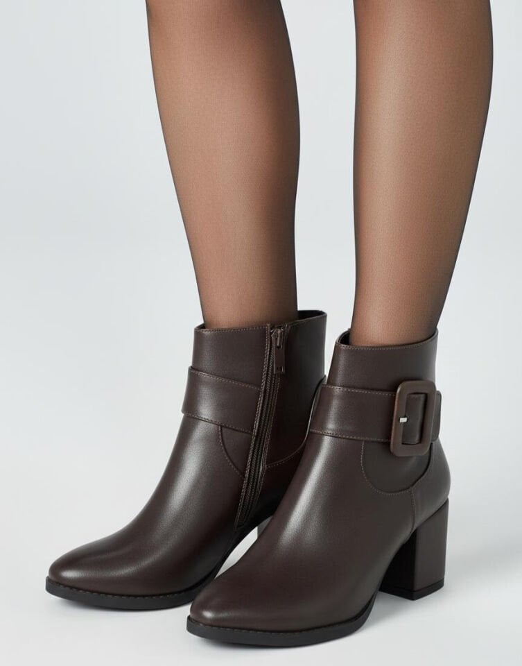 Kadın Sivri Burun Cilt Bot Kahverengi Kare Tokalı Günlük Şık Tasarım