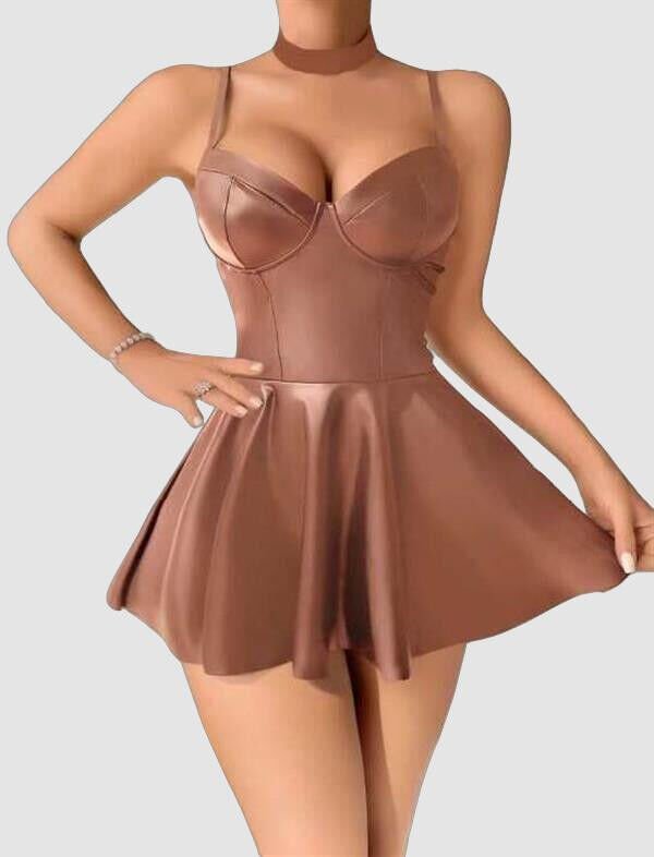 Arias Closet Kahverengi Etekli Pileli Fantezi Deri Elbise