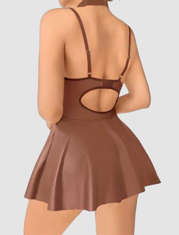 Arias Closet Kahverengi Etekli Pileli Fantezi Deri Elbise