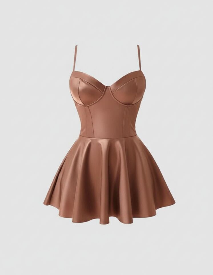 Arias Closet Kahverengi Etekli Pileli Fantezi Deri Elbise