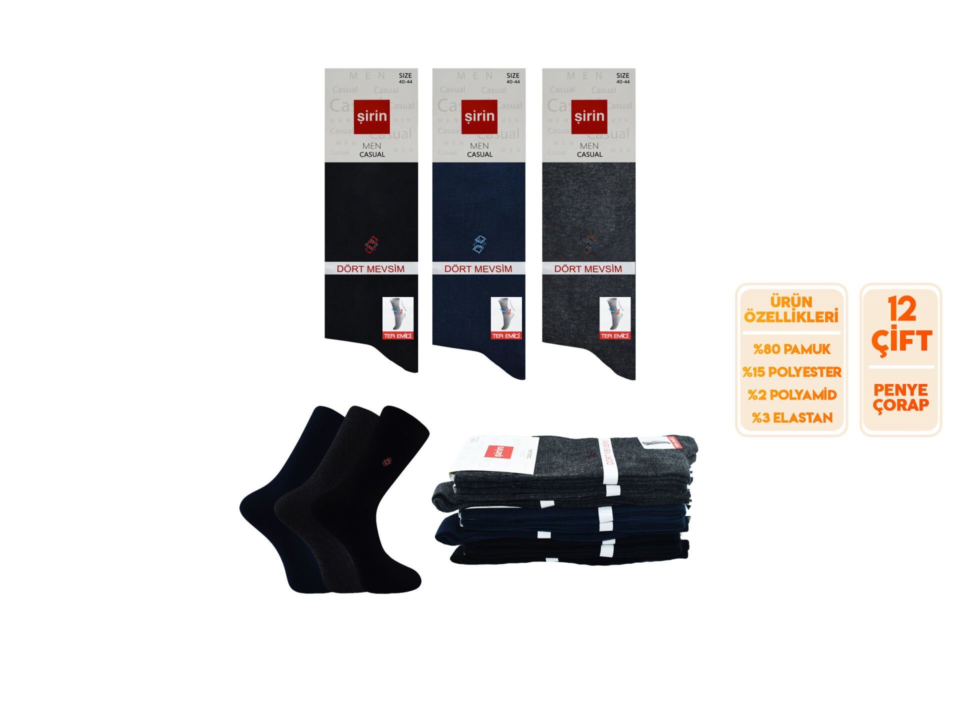 Şirin 7150-18 Dört Mevsim Ter Emici Erkek Penye Soket Çorap 12'li