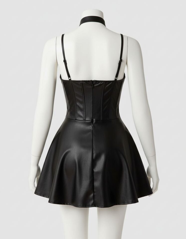 Arias Closet Siyah Etekli Pileli Fantezi Deri Elbise