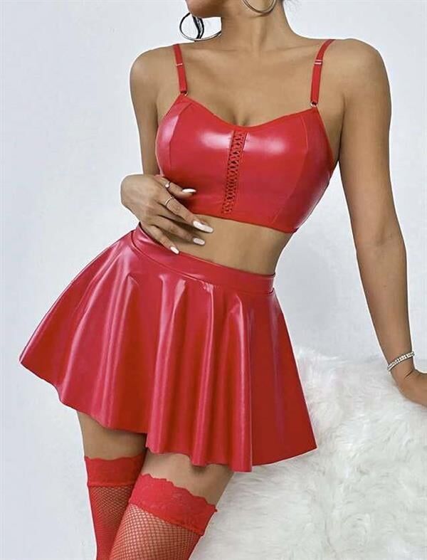 Arias Closet Kırmızı Etekli Fantezi Deri Şık Elbise
