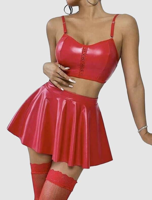 Kırmızı Etekli Fantezi Deri Şık Elbise