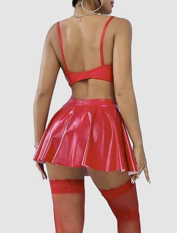 Kırmızı Etekli Fantezi Deri Şık Elbise