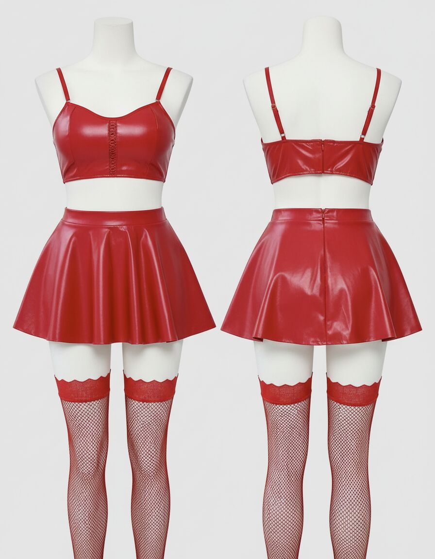 Kırmızı Etekli Fantezi Deri Şık Elbise