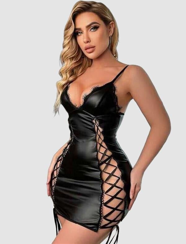 Arias Closet Siyah Fantezi İp Detaylı Deri Şık Elbise