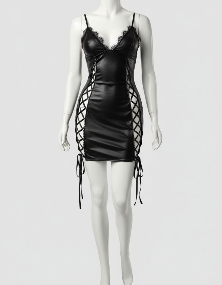 Arias Closet Siyah Fantezi İp Detaylı Deri Şık Elbise