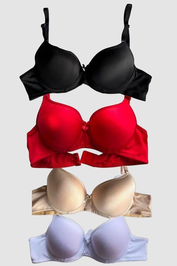 Arias Closet Siyah-Beyaz-Kırmızı-Ten 4'lü İçi Boş Micro Balenli Günlük Tek Desteksiz Sütyen