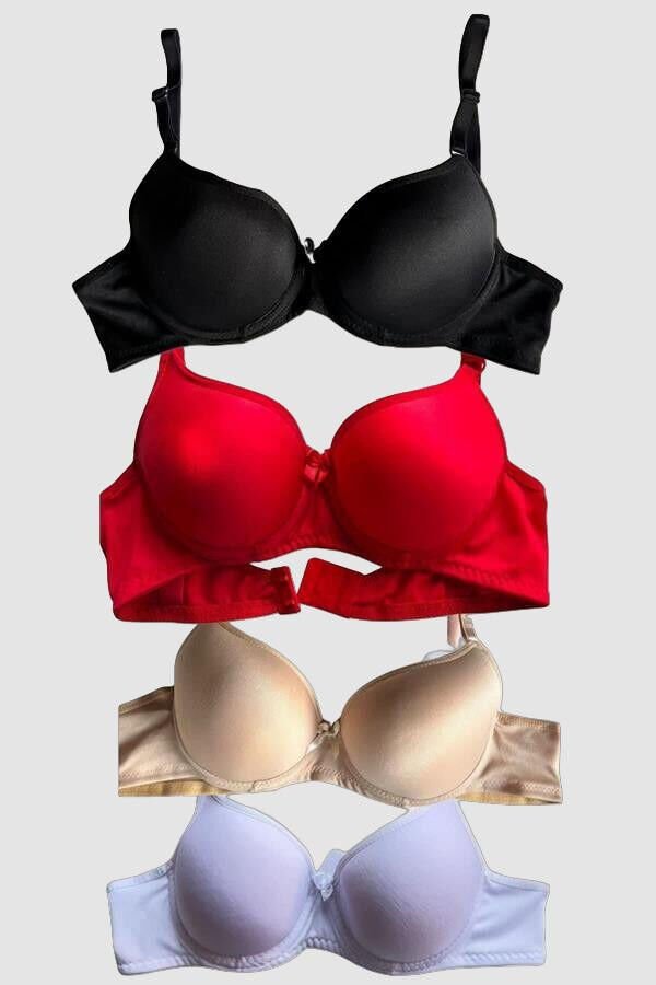 Siyah-Beyaz-Kırmızı-Ten 4'lü İçi Boş Micro Balenli Günlük Tek Desteksiz Sütyen