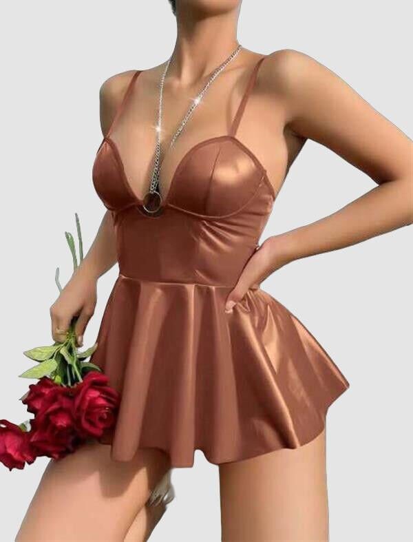 Arias Closet Kahverengi Parlak Lame Fantezi Deri Elbise