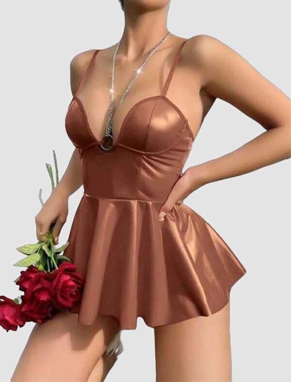 Arias Closet Kahverengi Parlak Lame Fantezi Deri Elbise