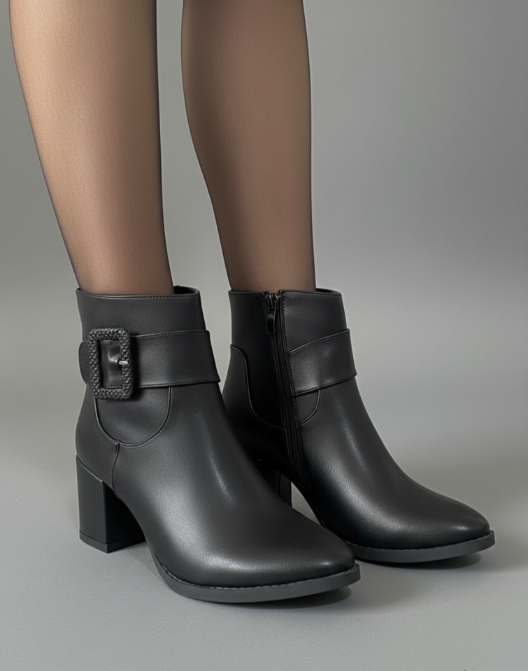 Kadın Sivri Burun Cilt Bot Siyah Kare Tokalı Günlük Şık Tasarım