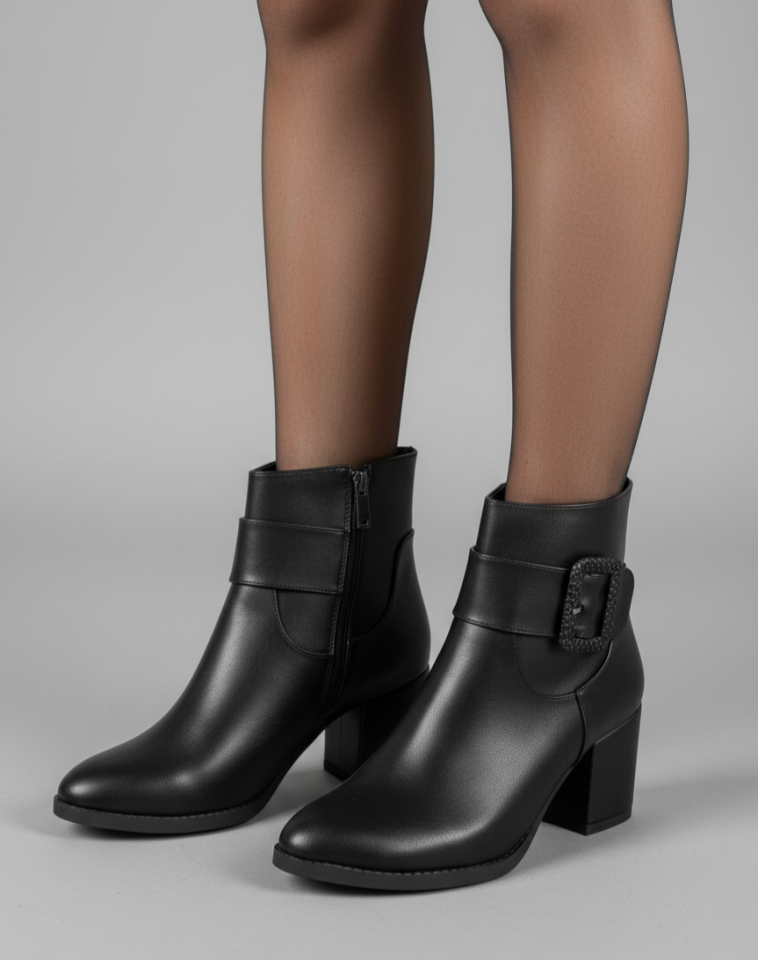 Kadın Sivri Burun Cilt Bot Siyah Kare Tokalı Günlük Şık Tasarım