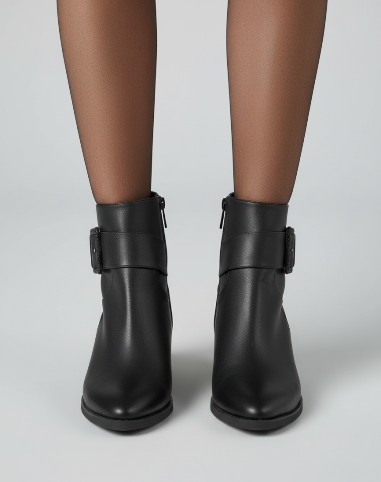 Kadın Sivri Burun Cilt Bot Siyah Kare Tokalı Günlük Şık Tasarım