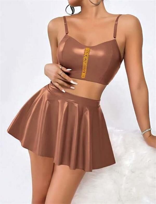 Arias Closet Kahverengi Etekli Fantezi Deri Şık Elbise
