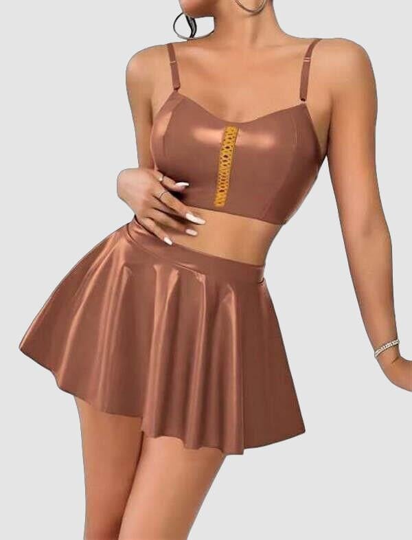 Arias Closet Kahverengi Etekli Fantezi Deri Şık Elbise