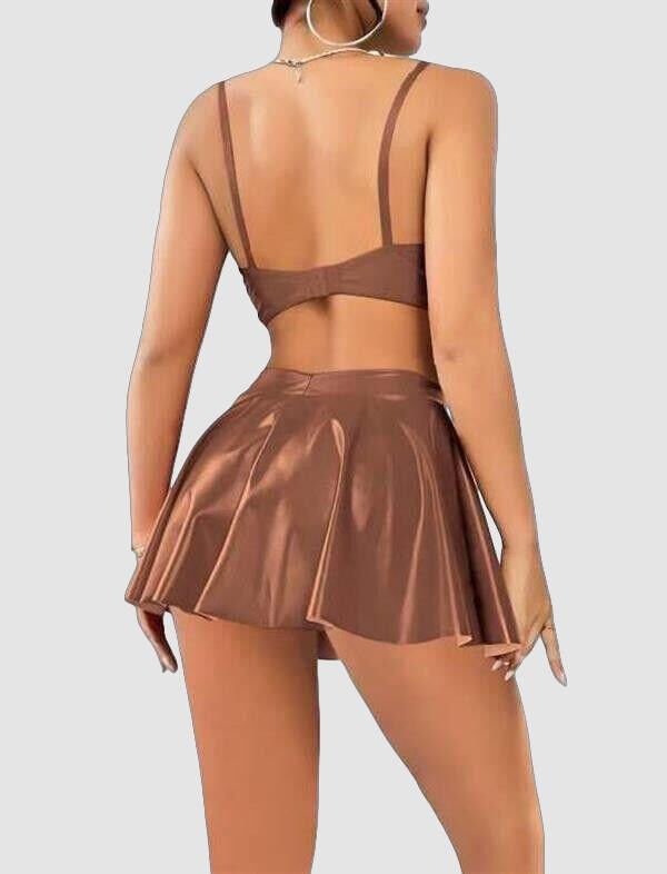 Kahverengi Etekli Fantezi Deri Şık Elbise