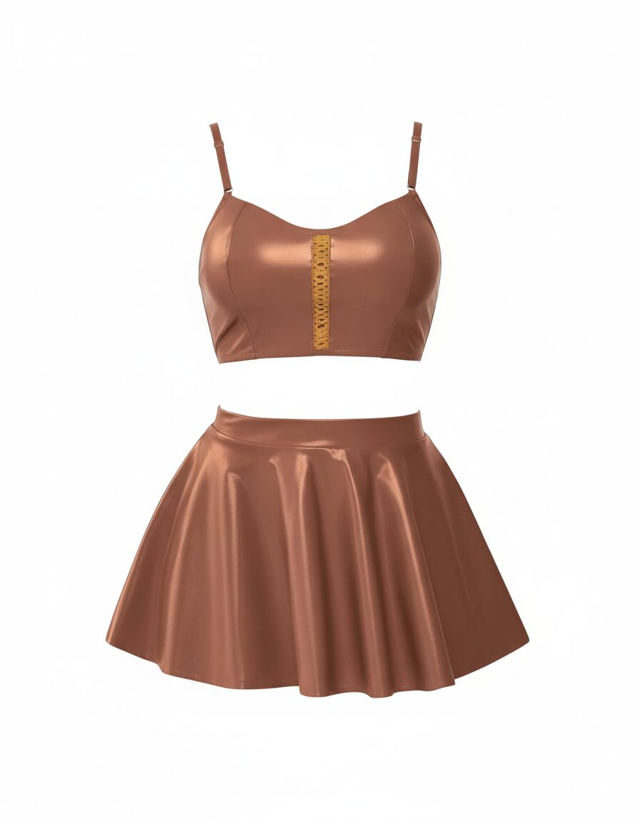 Kahverengi Etekli Fantezi Deri Şık Elbise