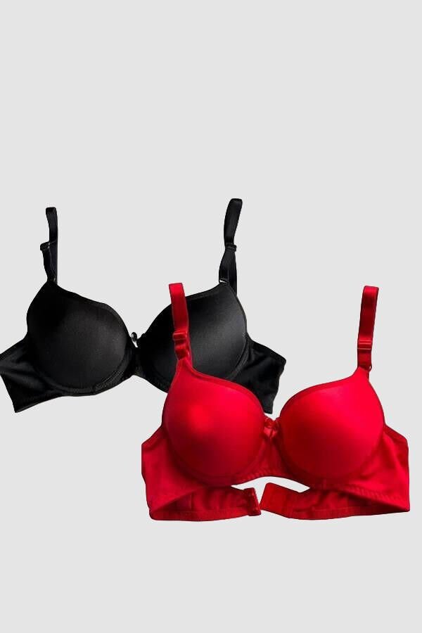Siyah-Kırmızı 2'li Mikro Kumaş İçi Boş Balenli Günlük Desteksiz Sütyen