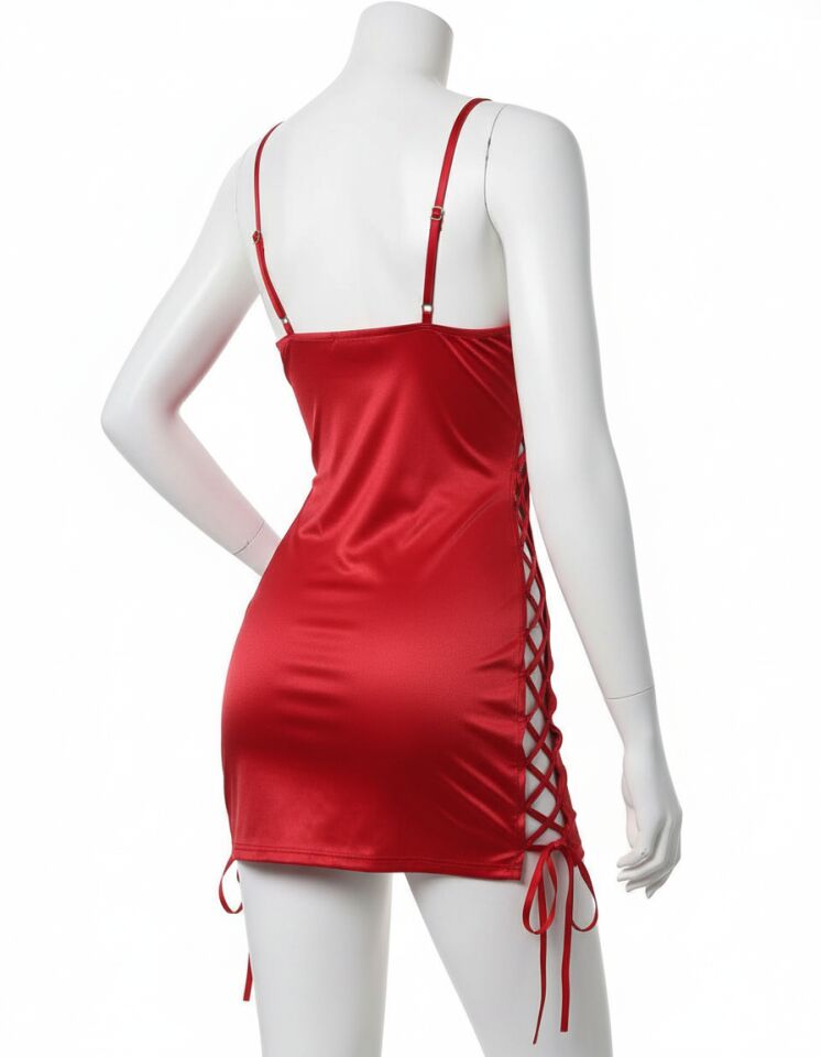 Arias Closet Kırmızı Fantezi İp Detaylı Deri Şık Elbise