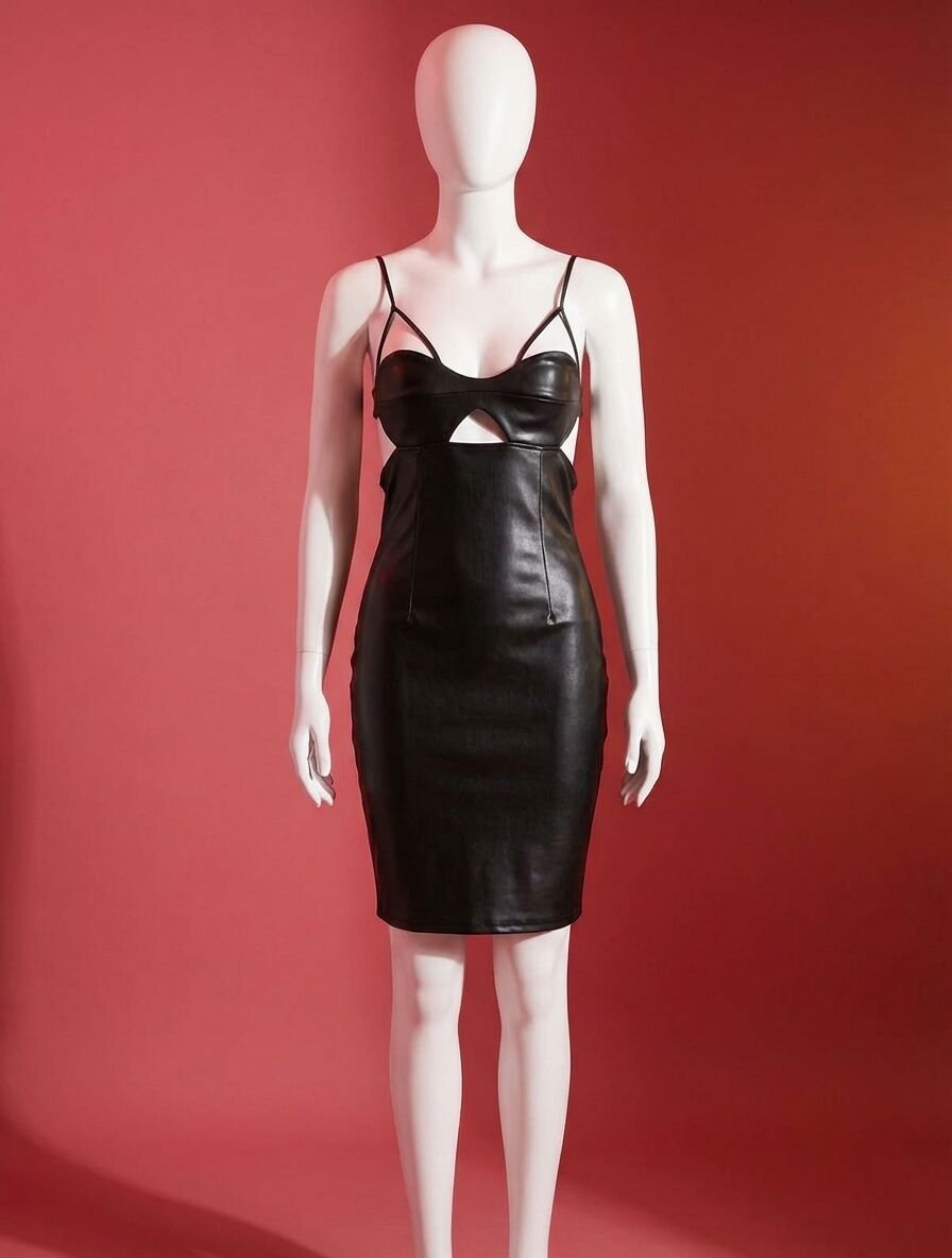 Siyah Fantezi Parlak Deri Şık Elbise