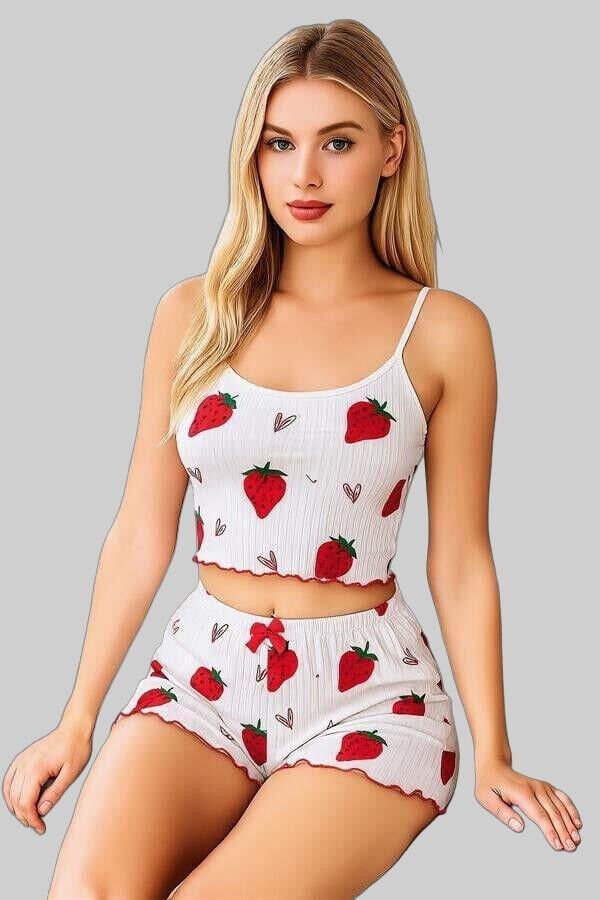 Arias Closet Penye Kumaş Çilek Desen Beyaz Şortlu Takım