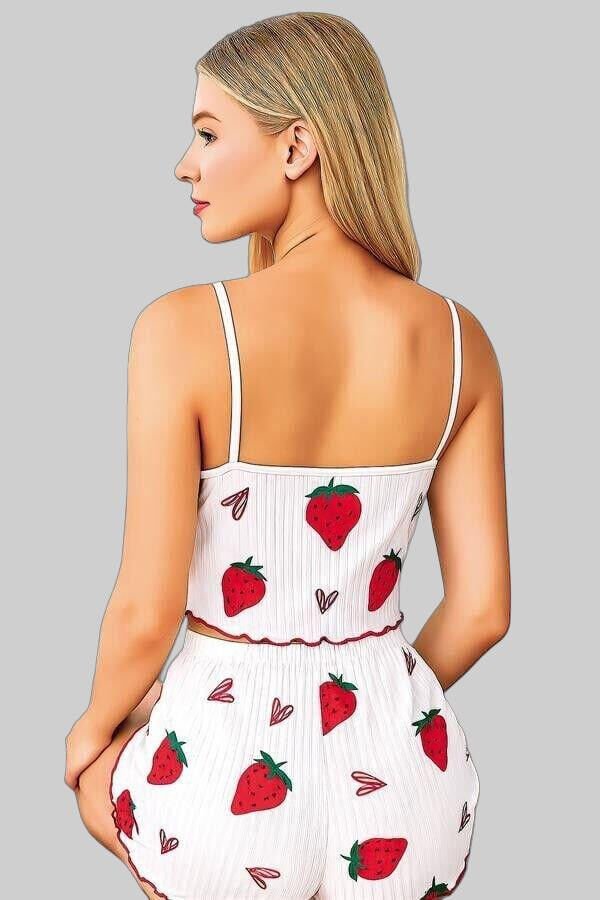 Arias Closet Penye Kumaş Çilek Desen Beyaz Şortlu Takım