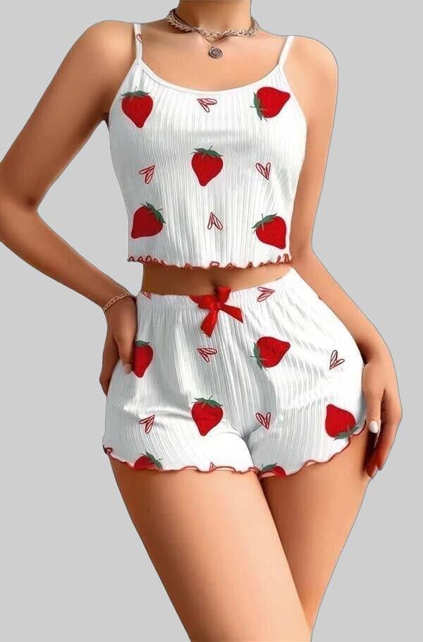 Arias Closet Penye Kumaş Çilek Desen Beyaz Şortlu Takım