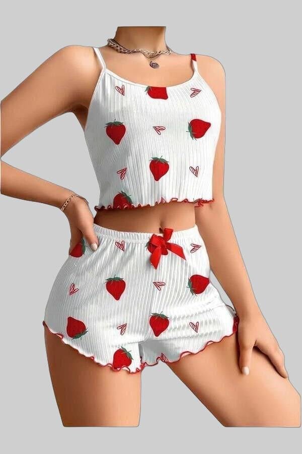 Arias Closet Penye Kumaş Çilek Desen Beyaz Şortlu Takım