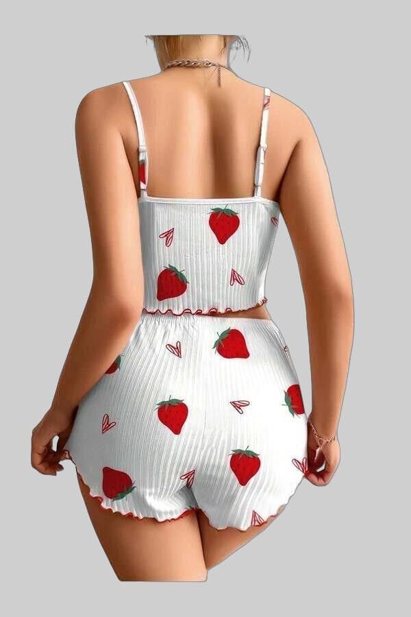 Arias Closet Penye Kumaş Çilek Desen Beyaz Şortlu Takım