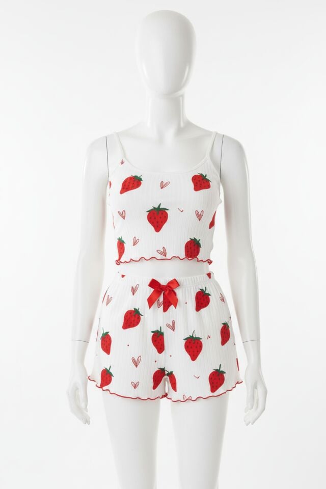 Arias Closet Penye Kumaş Çilek Desen Beyaz Şortlu Takım