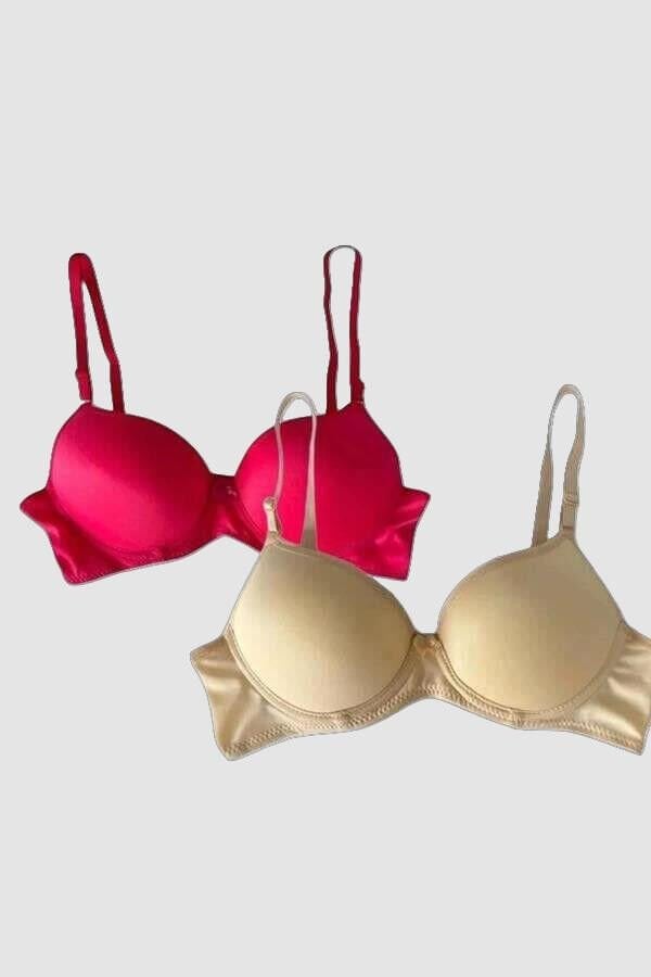Kırmızı-Ten 2'li Mikro Kumaş İçi Boş Balenli Günlük Desteksiz Sütyen