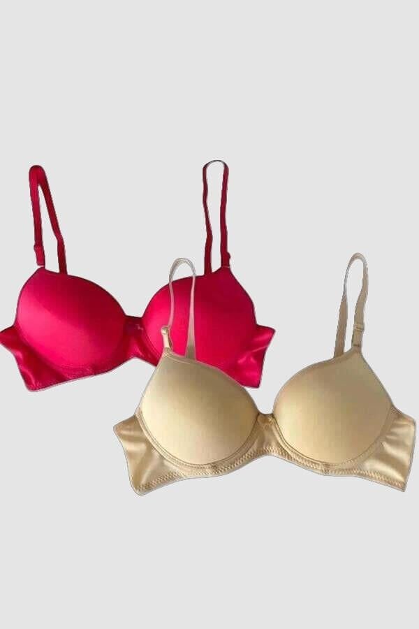 Kırmızı-Ten 2'li Mikro Kumaş İçi Boş Balenli Günlük Desteksiz Sütyen