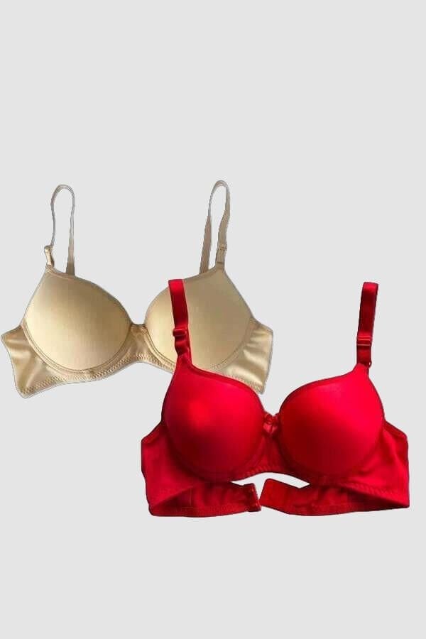 Kırmızı-Ten 2'li Mikro Kumaş İçi Boş Balenli Günlük Desteksiz Sütyen