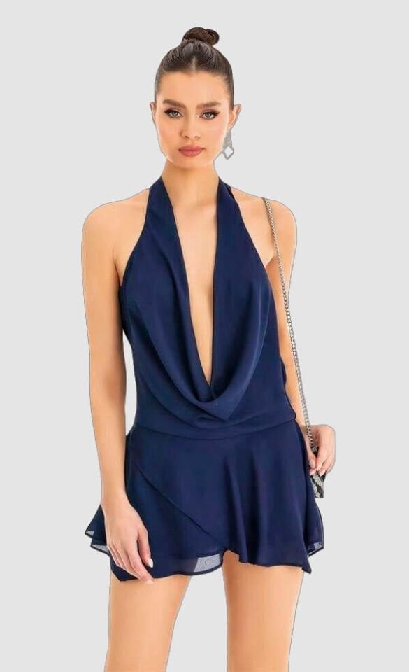 Arias Closet Lacivert Sırt ve Göğüs Dekolteli Fantezi Mini Elbise